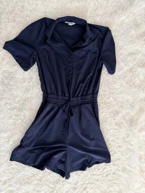Athleta Button Front Short Sleeve Romper Navy Blue Size Small Tall